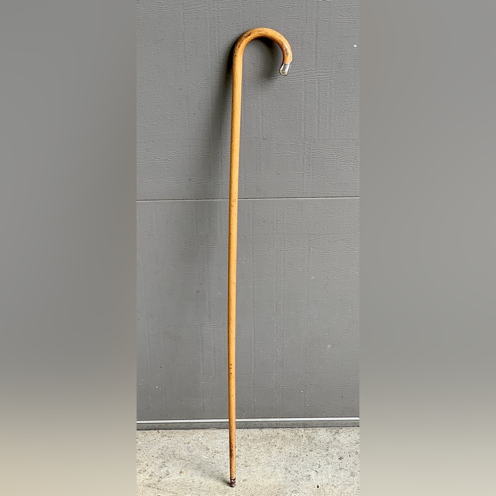Antique Hallmarked Sterling Silver Blond Hardwood Crook Handle Walking Stick